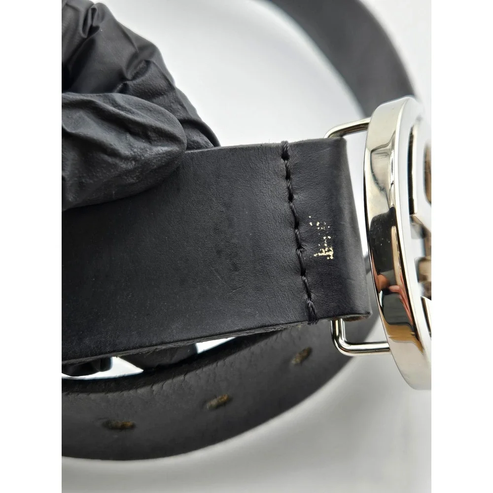 Gucci Interlocking G Belt Black Leather Silver Buckle Mens 44 Inch Large